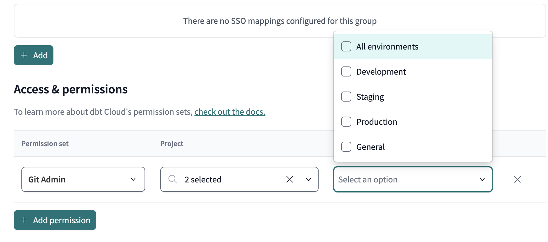 Example environment access control for a group with Git admin assigned.